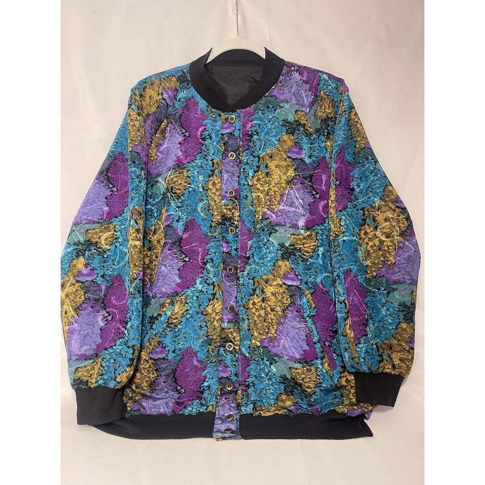 Vintage 80's Joanna Abstract Multi Color Bomber light jacket size L/XL Purple